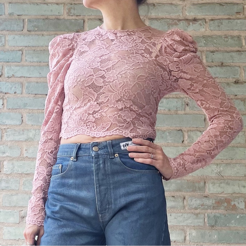 UO Crop Top Pink Rose Lace Sheer Stretch Victorian Blouse Urban Outfitters Puff